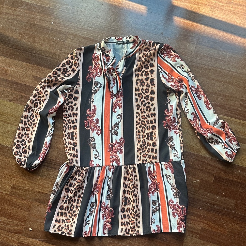 Boohoo Multicolor Striped and Leopard Print Dress